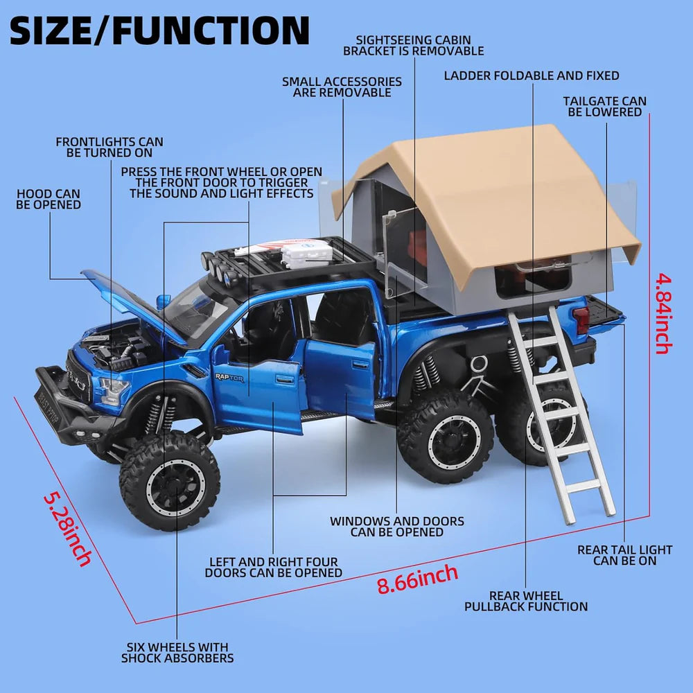 F150 PICKUP TRUCK WITH SIGHTSEEING CABIN 1:24 DIECAST METAL TOY CAR (MULTICOLOUR :- BLUE, RED WHITE)