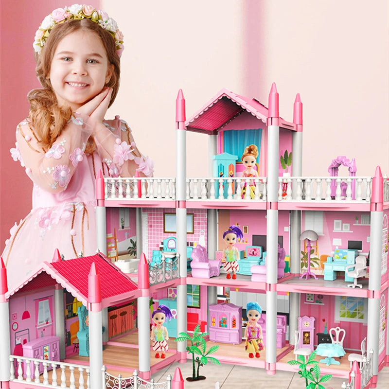 Doll House, Dream Dollhouse for Girls Pretend-Play DIY Dollhouse Kit - 4-Story 11 Rooms Playhouse with 4 Dolls Toy Figures, Furniture and Accessories Set Gift Toy for Kids (Dream Dollhouse)