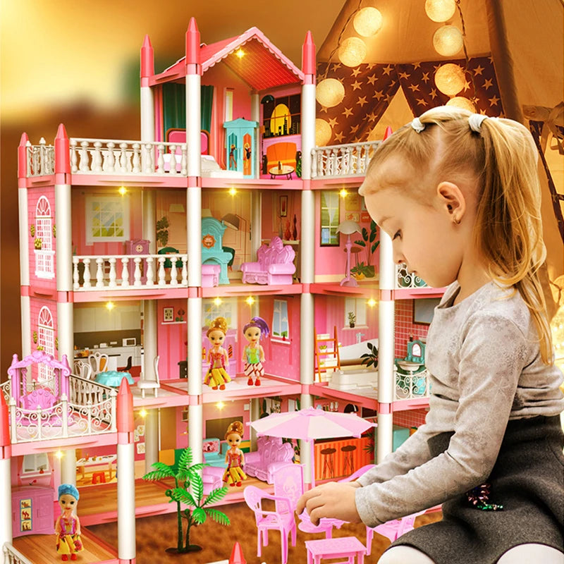 Doll House, Dream Dollhouse for Girls Pretend-Play DIY Dollhouse Kit - 4-Story 11 Rooms Playhouse with 4 Dolls Toy Figures, Furniture and Accessories Set Gift Toy for Kids (Dream Dollhouse)