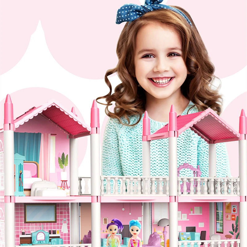 Doll House, Dream Dollhouse for Girls Pretend-Play DIY Dollhouse Kit - 4-Story 11 Rooms Playhouse with 4 Dolls Toy Figures, Furniture and Accessories Set Gift Toy for Kids (Dream Dollhouse)