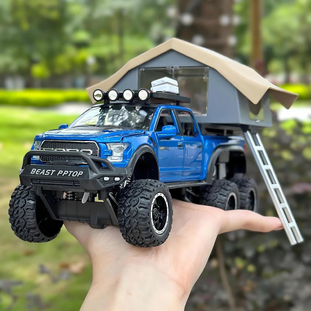 F150 PICKUP TRUCK WITH SIGHTSEEING CABIN 1:24 DIECAST METAL TOY CAR (MULTICOLOUR :- BLUE, RED WHITE)