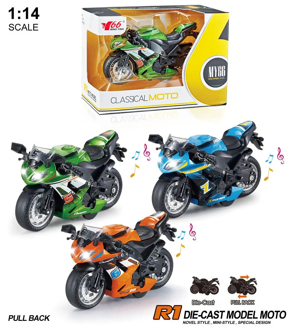 Motorcycle Model 1:14 Diecast Toy Scale light and sound Gift Collection Pull Back Metal Simulation Collection Motor