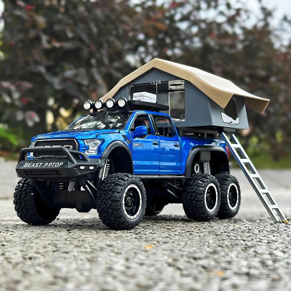 F150 PICKUP TRUCK WITH SIGHTSEEING CABIN 1:24 DIECAST METAL TOY CAR (MULTICOLOUR :- BLUE, RED WHITE)