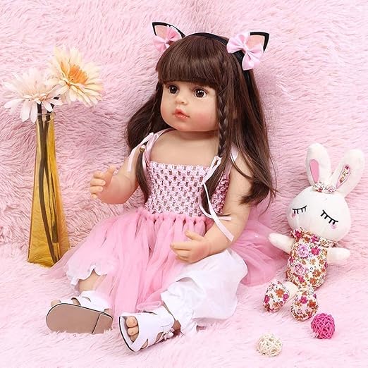 Baby Reborn Toddler Baby Dolls Silicone Full Body Girl 22 inch Long Hair Anatomically Correct Waterproof Dolls Reborn Multicolour Dress Birthday Gift Set for Girls