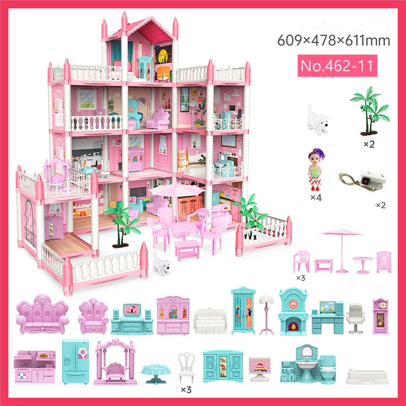 Doll House, Dream Dollhouse for Girls Pretend-Play DIY Dollhouse Kit - 4-Story 11 Rooms Playhouse with 4 Dolls Toy Figures, Furniture and Accessories Set Gift Toy for Kids (Dream Dollhouse)