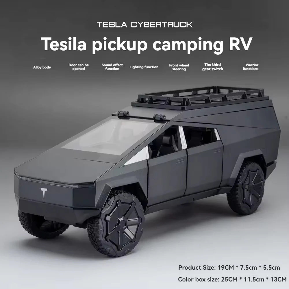 TESLA CYBERTRUCK CAMPING VEHICLE 1:24 DIECAST METAL TOY CAR ( MULTICOLOUR :- BLACK, GREEN , GRAY)