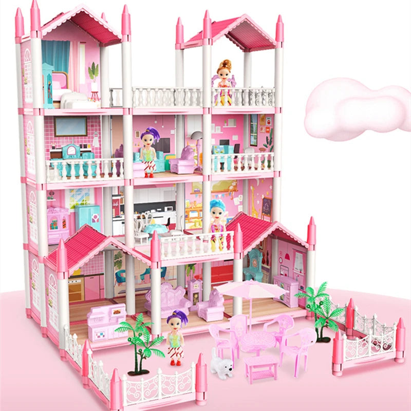 Doll House, Dream Dollhouse for Girls Pretend-Play DIY Dollhouse Kit - 4-Story 11 Rooms Playhouse with 4 Dolls Toy Figures, Furniture and Accessories Set Gift Toy for Kids (Dream Dollhouse)