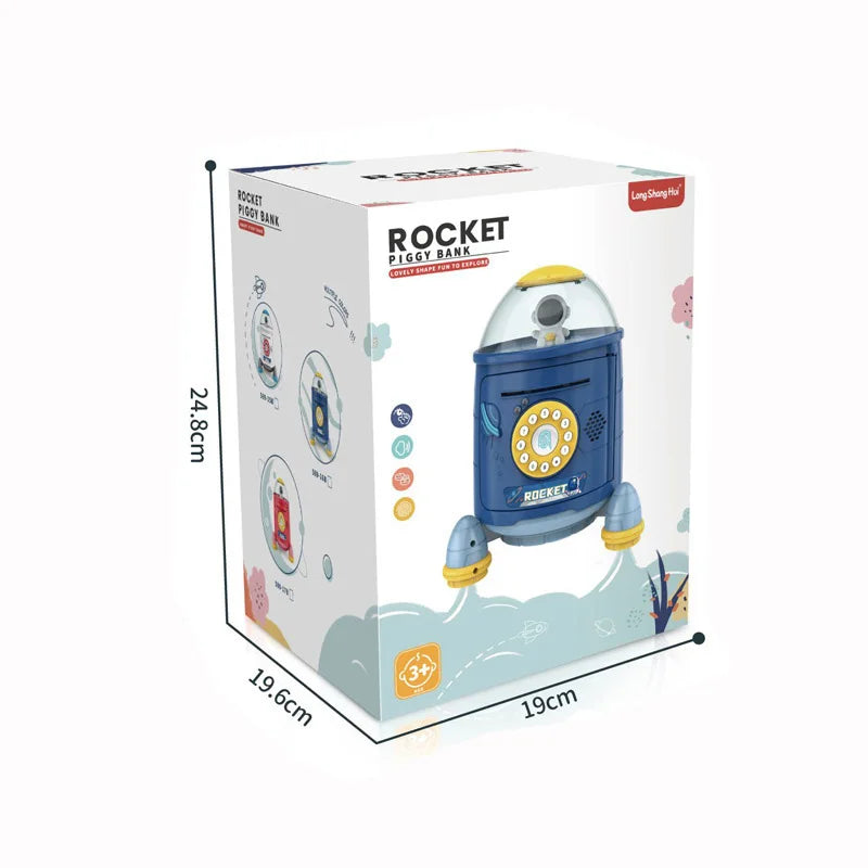 Space Rocket Mini ATM Savings Piggy Bank For Girls And Boys, Finger Sensor Password, Kids Safe Box - Blue, modern