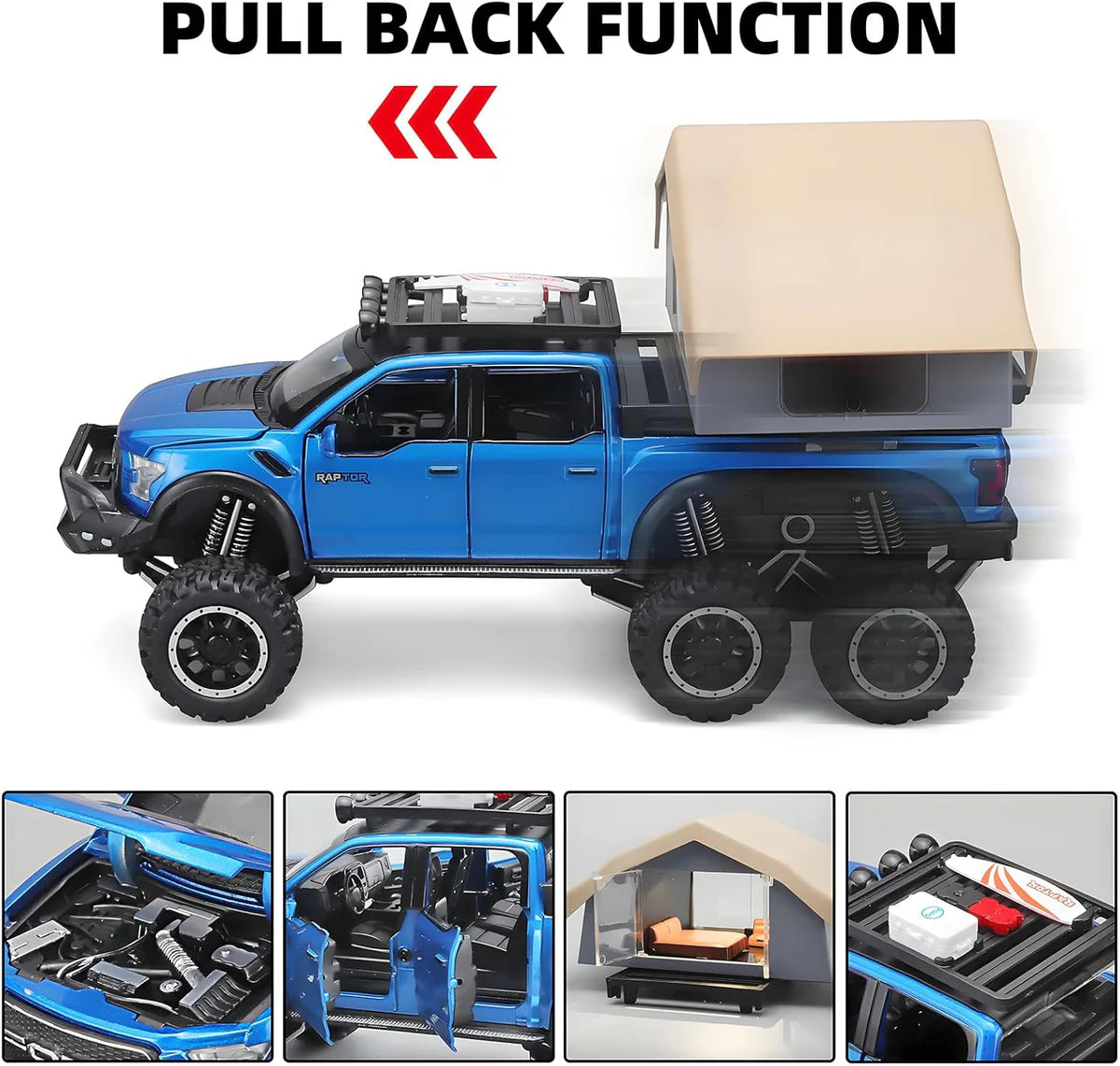 F150 PICKUP TRUCK WITH SIGHTSEEING CABIN 1:24 DIECAST METAL TOY CAR (MULTICOLOUR :- BLUE, RED WHITE)