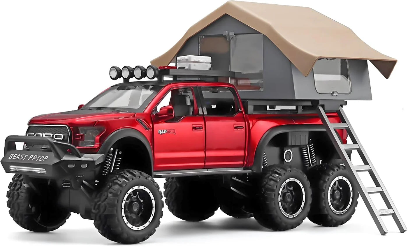 F150 PICKUP TRUCK WITH SIGHTSEEING CABIN 1:24 DIECAST METAL TOY CAR (MULTICOLOUR :- BLUE, RED WHITE)