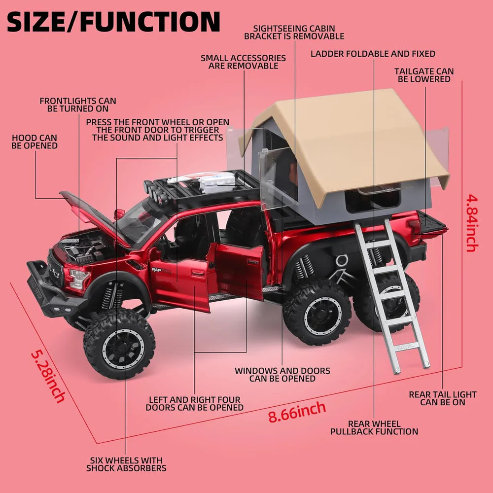 F150 PICKUP TRUCK WITH SIGHTSEEING CABIN 1:24 DIECAST METAL TOY CAR (MULTICOLOUR :- BLUE, RED WHITE)