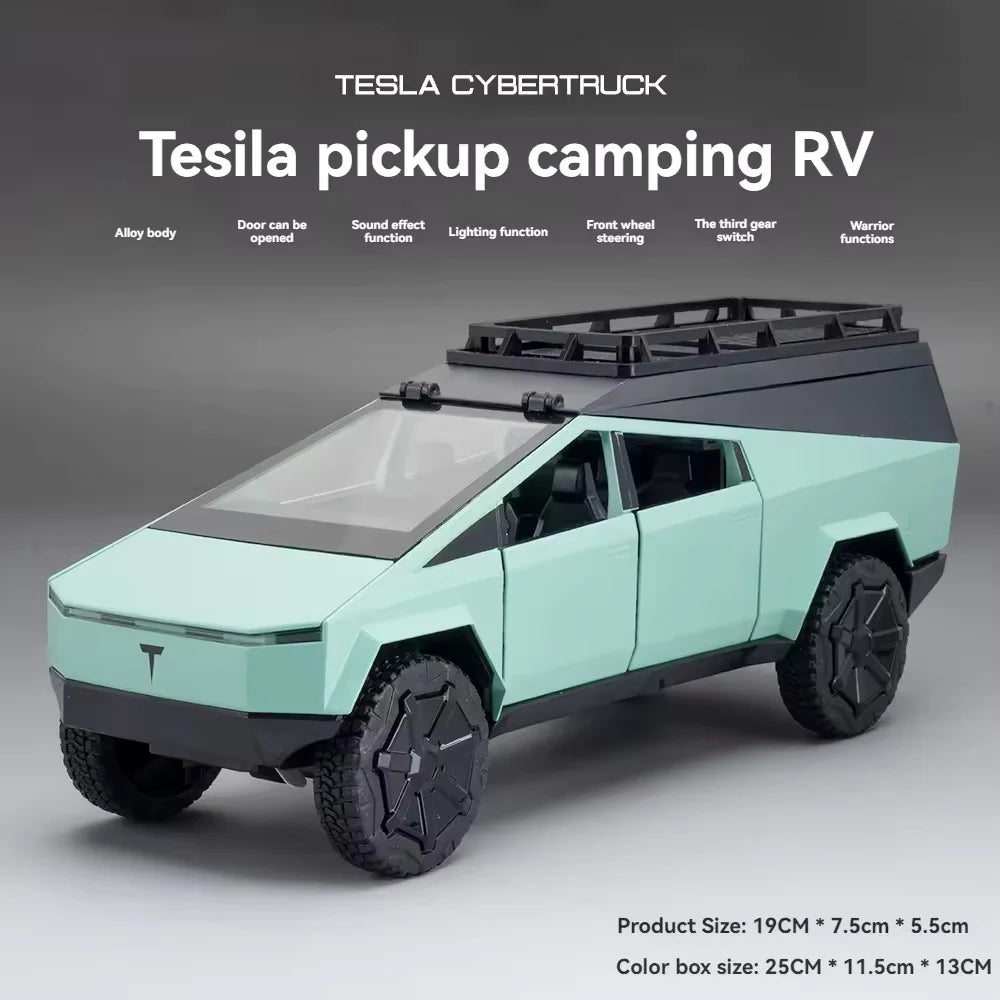 TESLA CYBERTRUCK CAMPING VEHICLE 1:24 DIECAST METAL TOY CAR ( MULTICOLOUR :- BLACK, GREEN , GRAY)