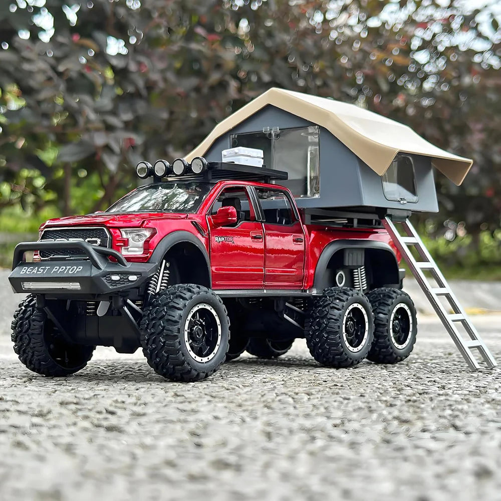 F150 PICKUP TRUCK WITH SIGHTSEEING CABIN 1:24 DIECAST METAL TOY CAR (MULTICOLOUR :- BLUE, RED WHITE)