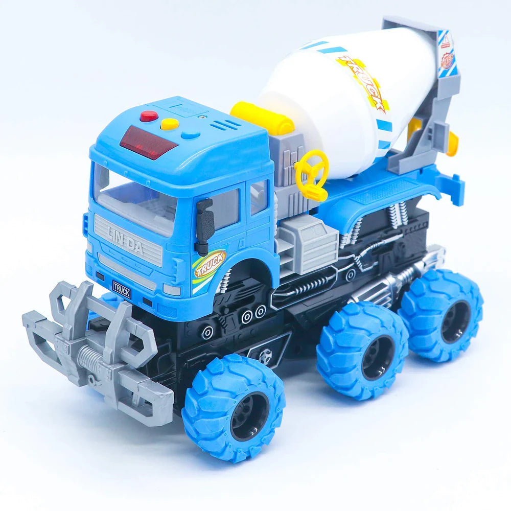 BIG SIZE HEAVY 6X6 PULL BACK DEFORMATION CONSTRUCTION TRUCK VEHICLE TOY FOR KIDS FRICTION POWERED WHEEL SOUND AND LIGHT EFFECT TOY TRUCK FOR 3+ YEARS OLD BOYS GIRLS (CEMENT MIXER TRUCK) [SIZE:-24.5CM*17CM*11.5CM]