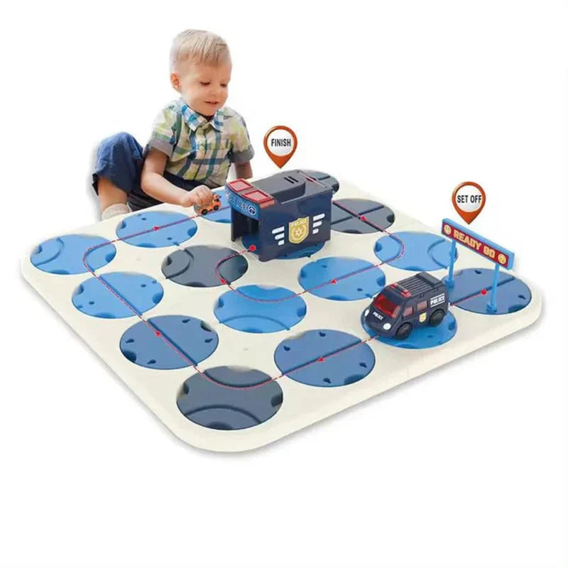 POLICE CAR DIY TRACK MAZE RACE CAR TRACK BUILDING BLOCK EDUCATIONAL TOY SET TILES DIY PLAY SET 2 LIGHT UP CAR STEM LEARNING CONSTRUCTION