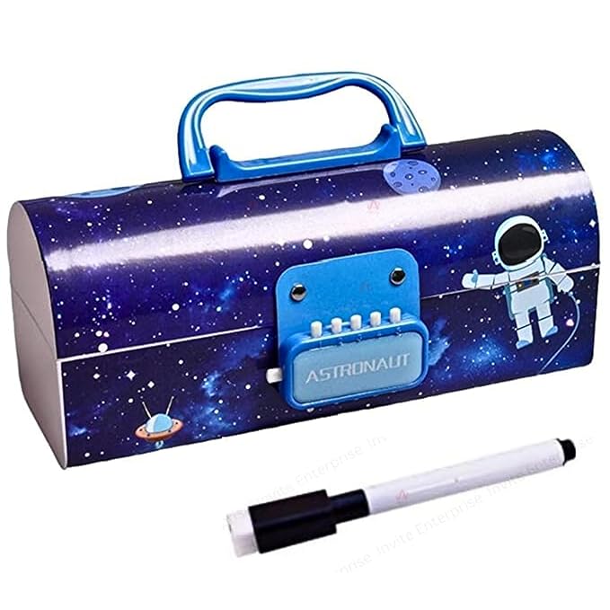 Plastic Pencil Box For Kids - Space Theme, Suitcase Style Password Lock Pencil Box For Boys & Girls, Stationery Organizer Birthday Return Gifts For Kids (Set Of 1, Space-Blue)