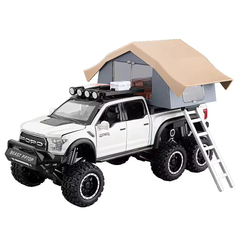 F150 PICKUP TRUCK WITH SIGHTSEEING CABIN 1:24 DIECAST METAL TOY CAR (MULTICOLOUR :- BLUE, RED WHITE)