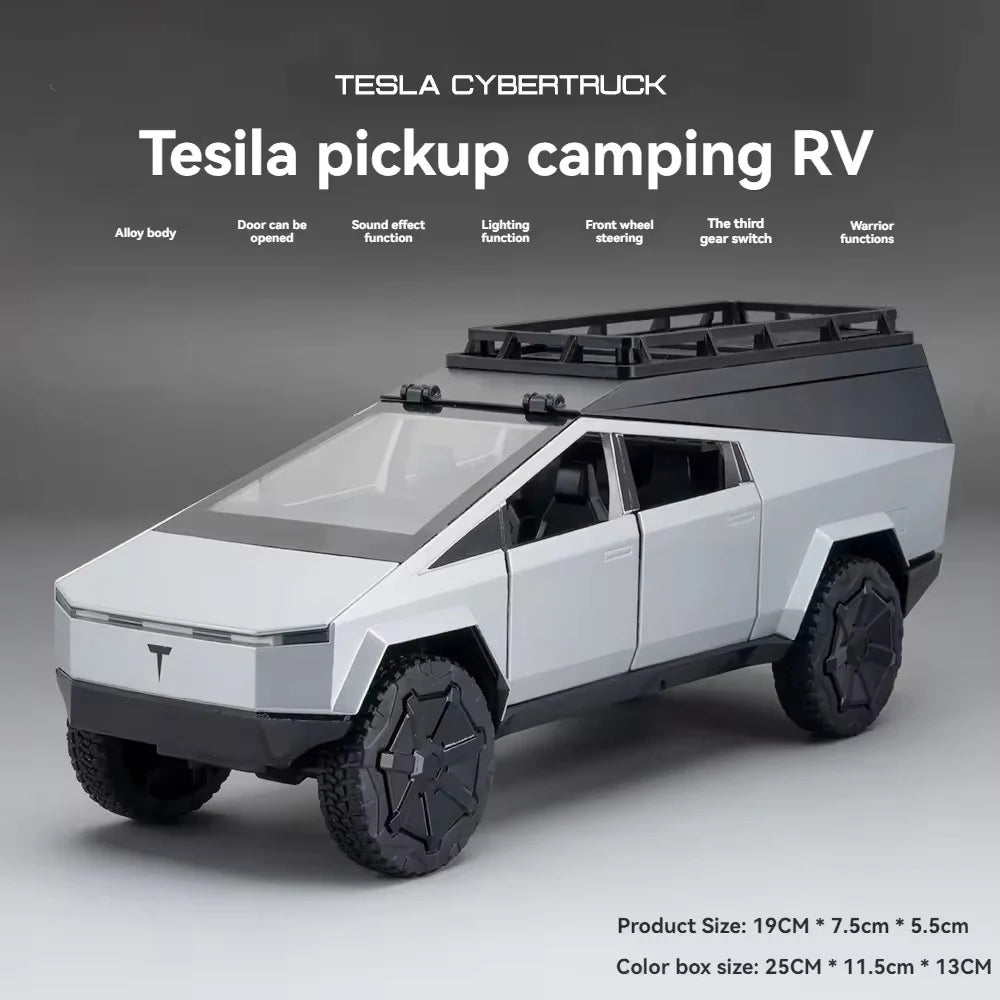 TESLA CYBERTRUCK CAMPING VEHICLE 1:24 DIECAST METAL TOY CAR ( MULTICOLOUR :- BLACK, GREEN , GRAY)