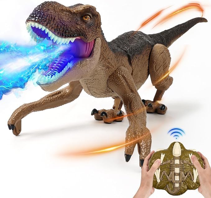 Remote Control Dinosaur Toys for Boys 3-5 4-7 8-12 Year Old - Realistic Big T-Rex Gift Ideas for Kids, RC Walking Dino with Roaring, Spray, Light, Touch Sensing (with Charger)