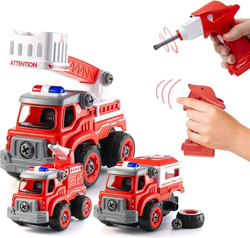 FIRE TRUCKS TOY PLAYSET 4 DIY TAKE APART TOYS CREATION DIY ASSEMBLY TOY DISASSEMBLING FIRE RESCUE TRUCKS SET UNBREAKABLE SCREWDRIVER AND DRILL MACHINE, EDUCATIONAL GIFT FOR KIDS 3-14 YEARS