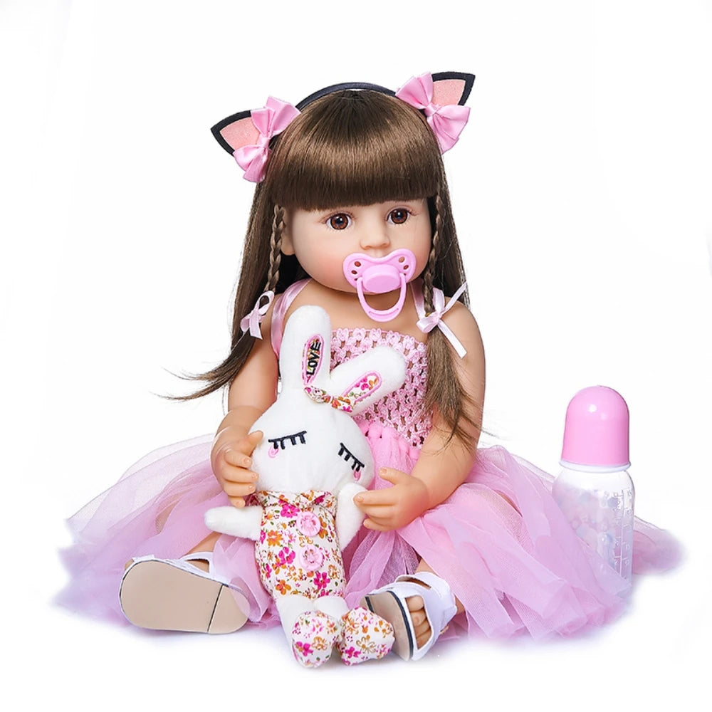 Baby Reborn Toddler Baby Dolls Silicone Full Body Girl 22 inch Long Hair Anatomically Correct Waterproof Dolls Reborn Multicolour Dress Birthday Gift Set for Girls