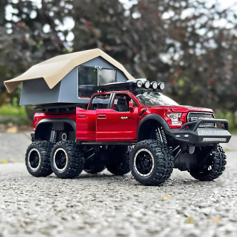 F150 PICKUP TRUCK WITH SIGHTSEEING CABIN 1:24 DIECAST METAL TOY CAR (MULTICOLOUR :- BLUE, RED WHITE)