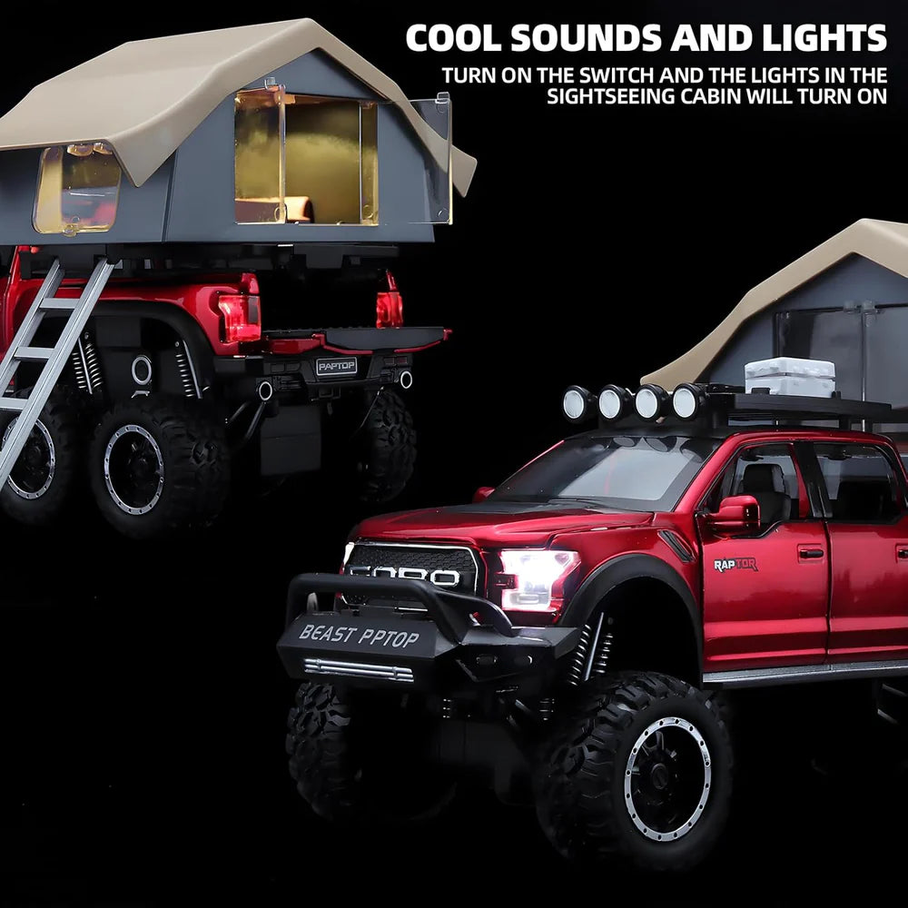 F150 PICKUP TRUCK WITH SIGHTSEEING CABIN 1:24 DIECAST METAL TOY CAR (MULTICOLOUR :- BLUE, RED WHITE)