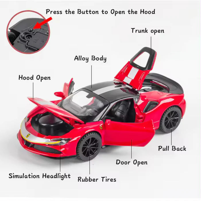 FERRARI SF90 1:32 DIECAST METAL TOY CAR (MULTICOLOUR  :- RED, YELLOW, BLACK, BLUE)