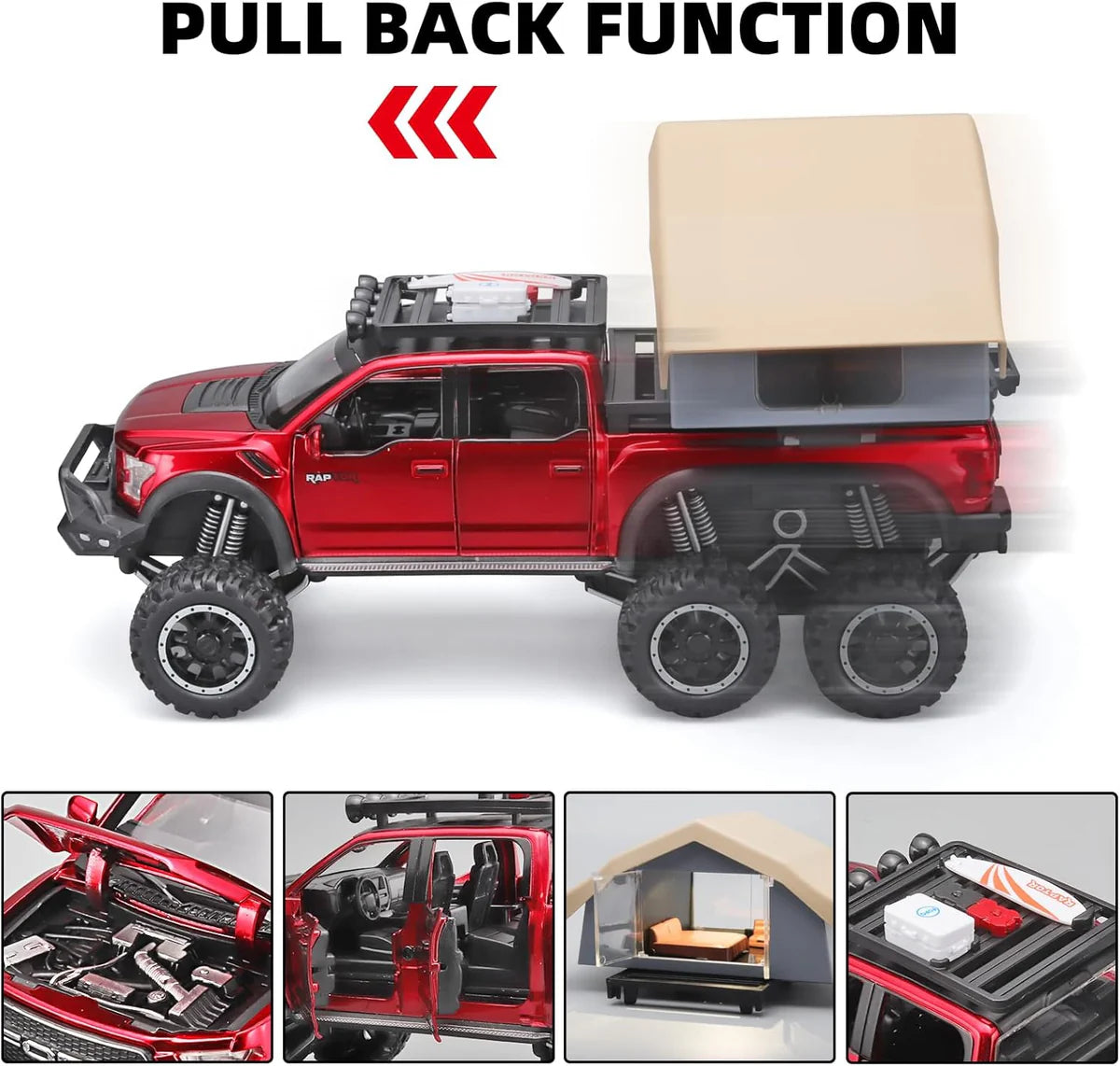 F150 PICKUP TRUCK WITH SIGHTSEEING CABIN 1:24 DIECAST METAL TOY CAR (MULTICOLOUR :- BLUE, RED WHITE)