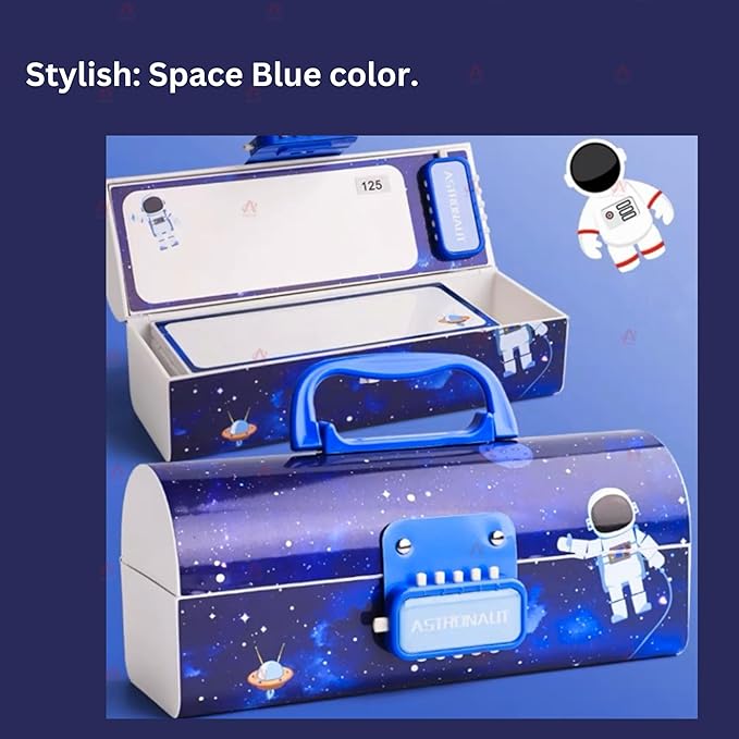 Plastic Pencil Box For Kids - Space Theme, Suitcase Style Password Lock Pencil Box For Boys & Girls, Stationery Organizer Birthday Return Gifts For Kids (Set Of 1, Space-Blue)