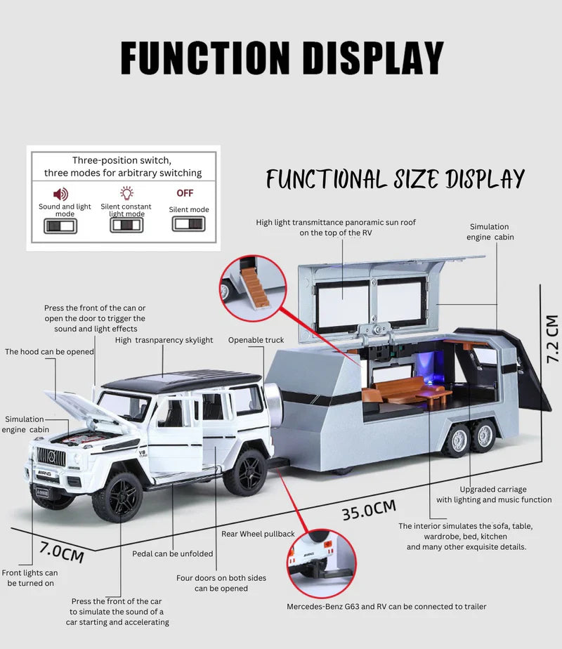 MERCEDES-BENZ G63 PICK-UP TRAILER 1:32 DIECAST METAL PULLBACK TOY CAR WITH OPENABLE DOORS & LIGHT, MUSIC BOYS CAR FOR KIDS BEST TOYS GIFTS TOYS FOR KIDS [SIZE:-22CM*8CM*6CM]【 MULTICOLOR 】