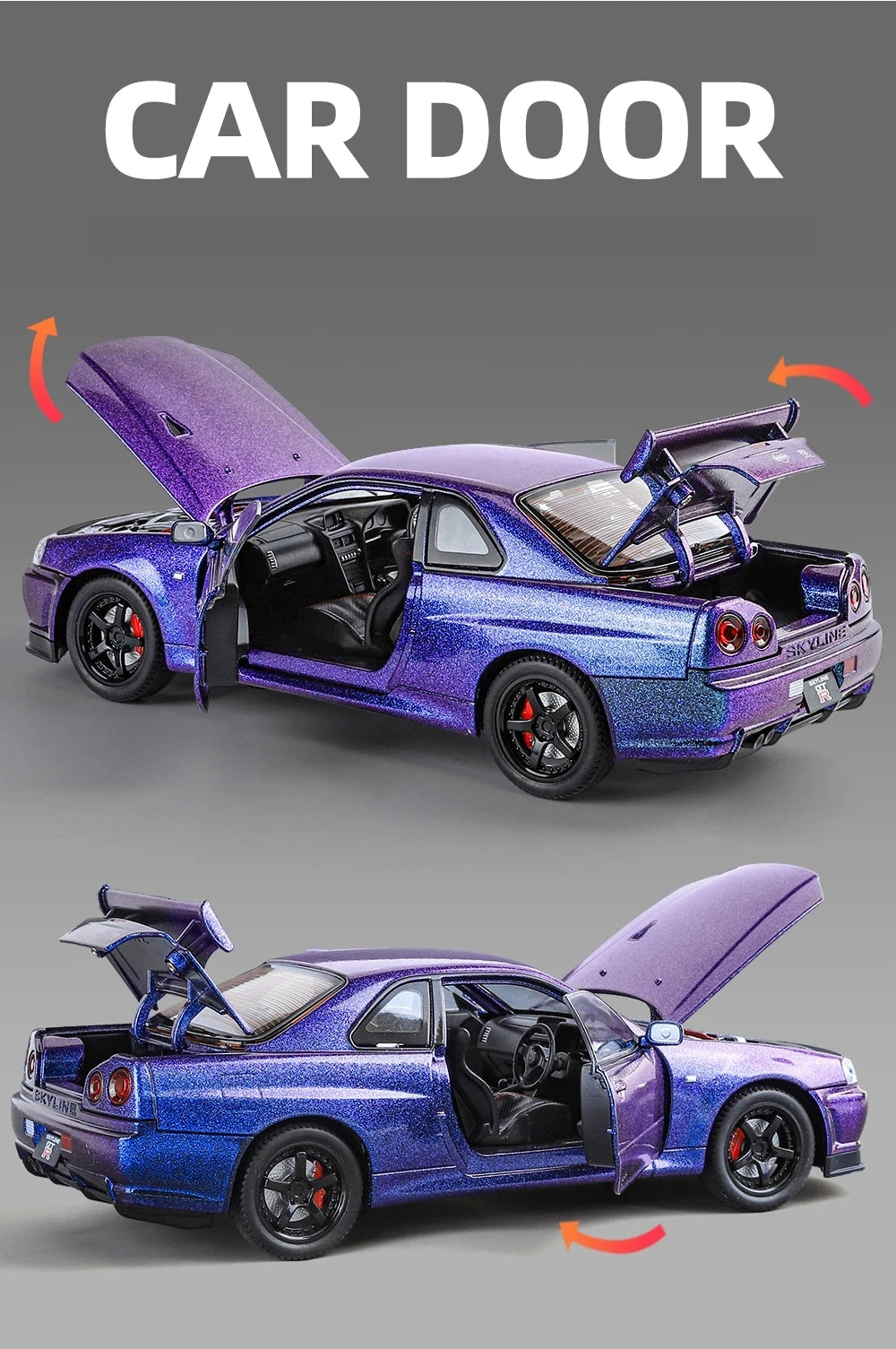 SKYLINE NISSAN GTR R34 1:24 DIECAST METAL TOY CAR (MULTICOLOUR:- WHITE, SILVER, BLUE, PURPLE )