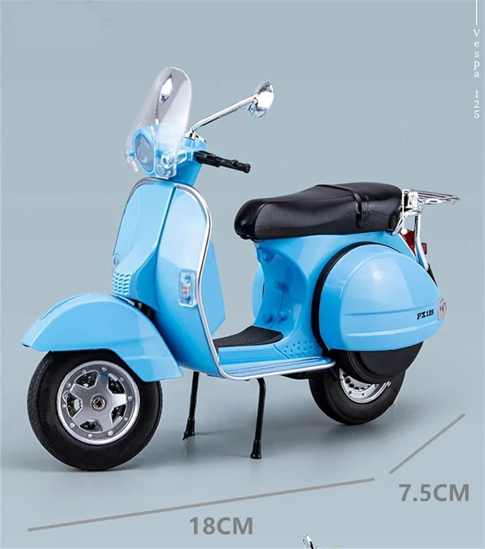 BEAUTY HUB VESPA 125 MOTORCYCLE MODEL, ALLOY MATERIAL, SIMULATED RETRO MOTORCYCLE, LITTLE SHEEP SCOOTER, BOXED COLLECTION DISPLAY (MULTICOLOUR : GREEN, SKYBLUE, PINK)