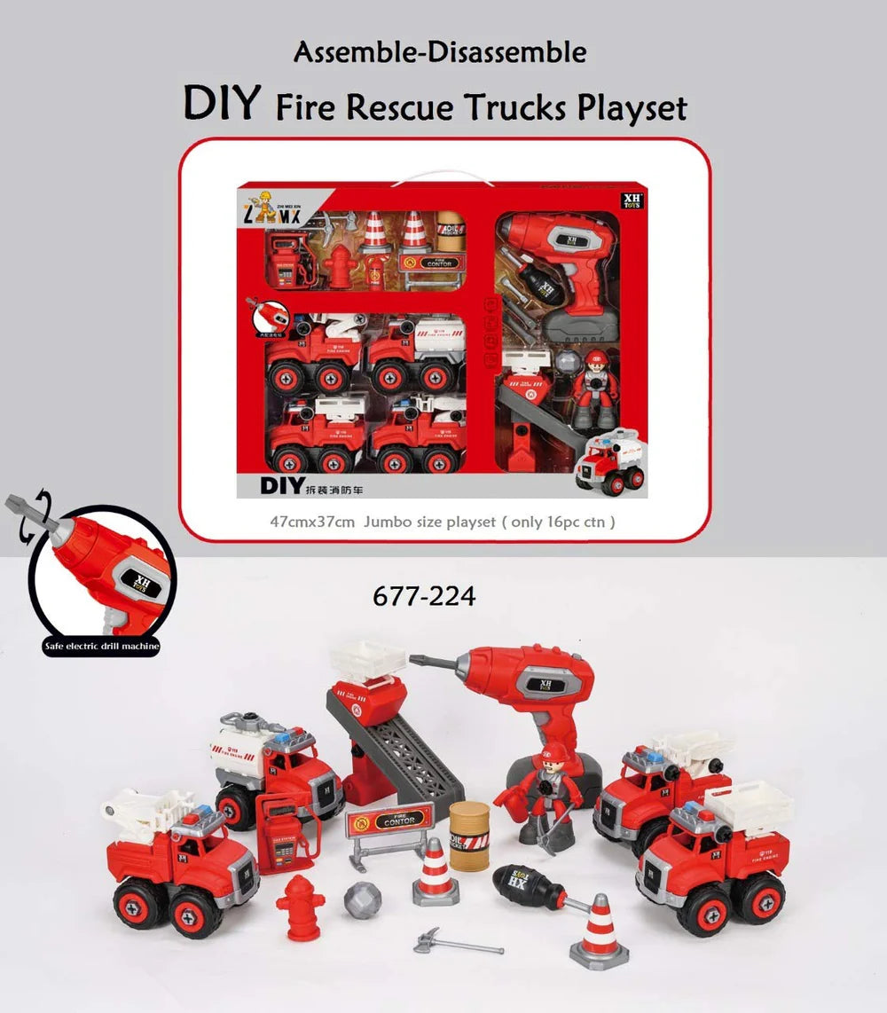 FIRE TRUCKS TOY PLAYSET 4 DIY TAKE APART TOYS CREATION DIY ASSEMBLY TOY DISASSEMBLING FIRE RESCUE TRUCKS SET UNBREAKABLE SCREWDRIVER AND DRILL MACHINE, EDUCATIONAL GIFT FOR KIDS 3-14 YEARS