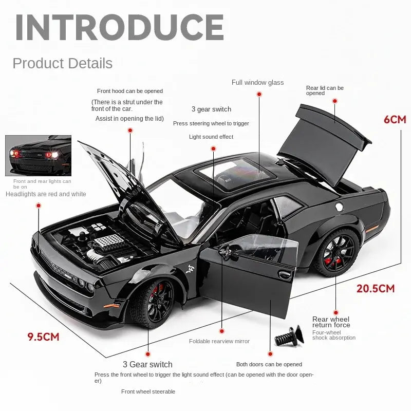 BIG SIZE DODGE CHALLENGER HELLCAT 1:24 DIECAST METAL PULLBACK TOY CAR WITH OPENABLE DOORS & LIGHT, MUSIC BOYS CAR FOR KIDS BEST TOYS GIFTS TOYS FOR KIDS [SIZE:-20.5CM*6CM*5.9CM]【 MULTICOLOR 】