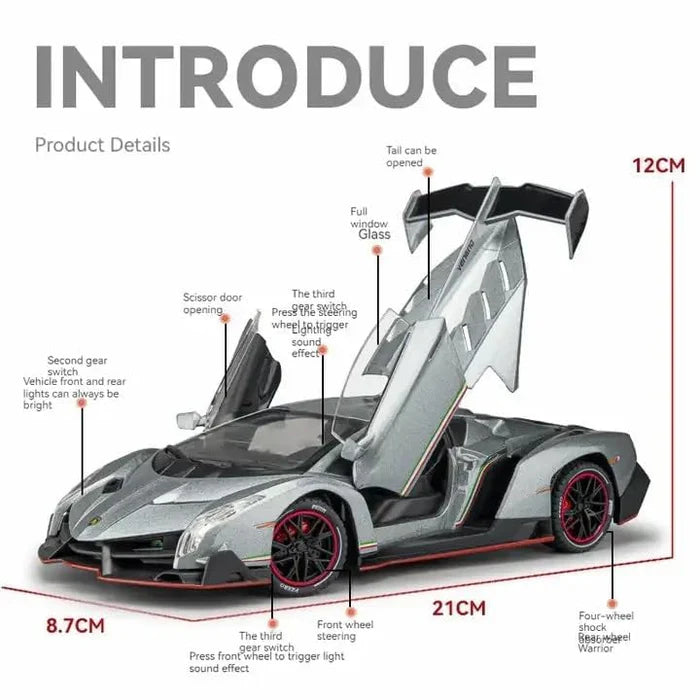 LAMBORGHINI VENENO 1:24 DIECAST METAL TOY CAR (MULTICOLOUR :- RED, WHITE GRAY)