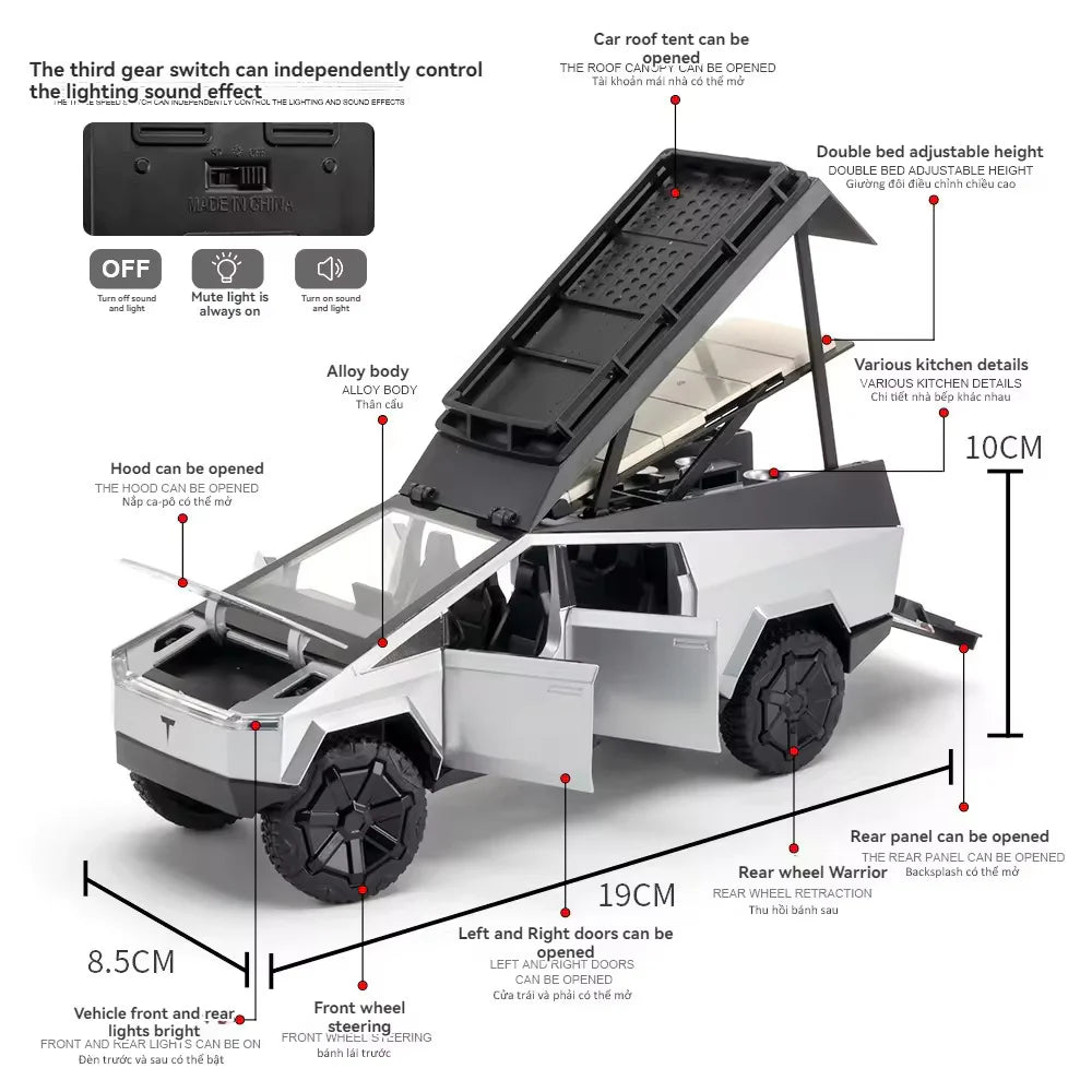 TESLA CYBERTRUCK CAMPING VEHICLE 1:24 DIECAST METAL TOY CAR ( MULTICOLOUR :- BLACK, GREEN , GRAY)