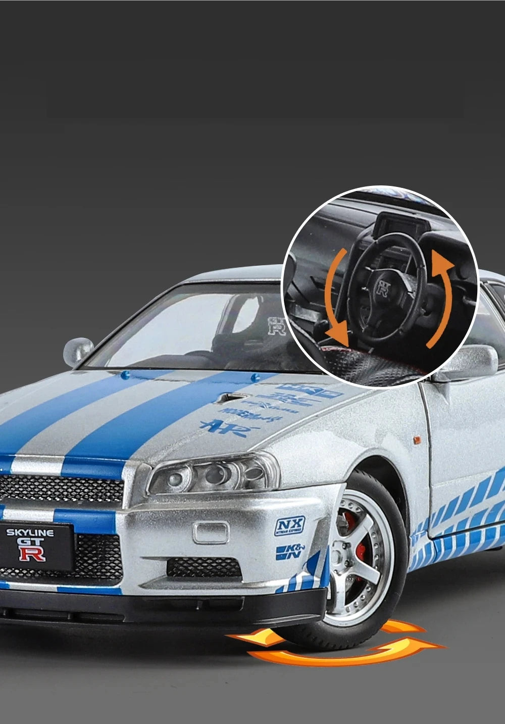 SKYLINE NISSAN GTR R34 1:24 DIECAST METAL TOY CAR (MULTICOLOUR:- WHITE, SILVER, BLUE, PURPLE )