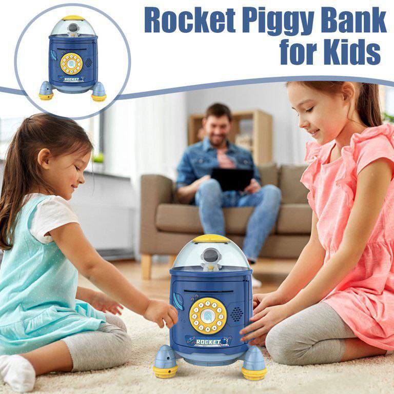 Space Rocket Mini ATM Savings Piggy Bank For Girls And Boys, Finger Sensor Password, Kids Safe Box - Blue, modern