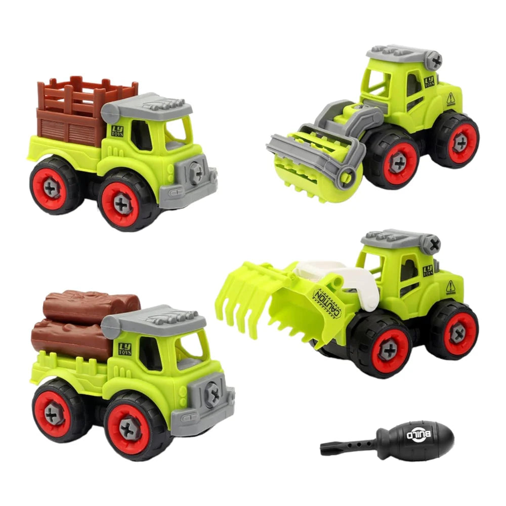 FARM VEHICLES WITH SCREW DRIVER FOLDABLE DIY TRUCK TOY PACK OF 4 WITH 1 SCREWDRIVER TOOLS, FARM TRUCK VEHICLE SET TOYS FOR KIDS TAKE APART TOYS FOR TODDLERS