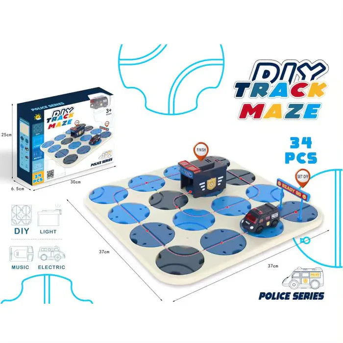 POLICE CAR DIY TRACK MAZE RACE CAR TRACK BUILDING BLOCK EDUCATIONAL TOY SET TILES DIY PLAY SET 2 LIGHT UP CAR STEM LEARNING CONSTRUCTION