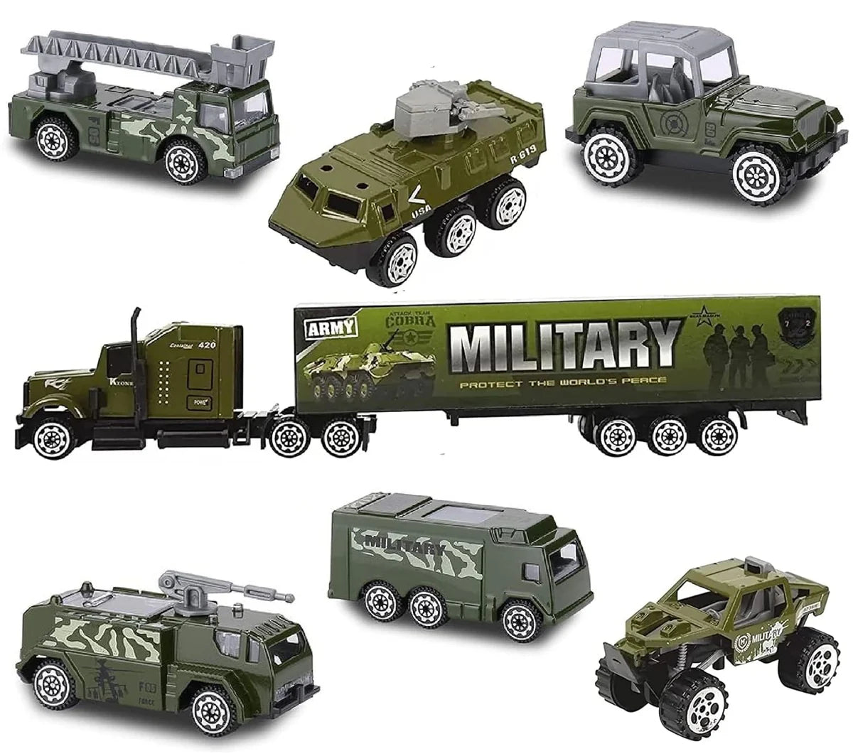 MILITARY ARMY TRUCK VEHICLE TOY SET MINI DIE-CAST ARMY BATTLE CAR, METAL MILITARY CAR - ARMY CARGO TRUCK CONTAINER, BATTALION JEEP, ARMY TANK, HELICOPTER, FIRE LADDER TRUCK - 7 PC