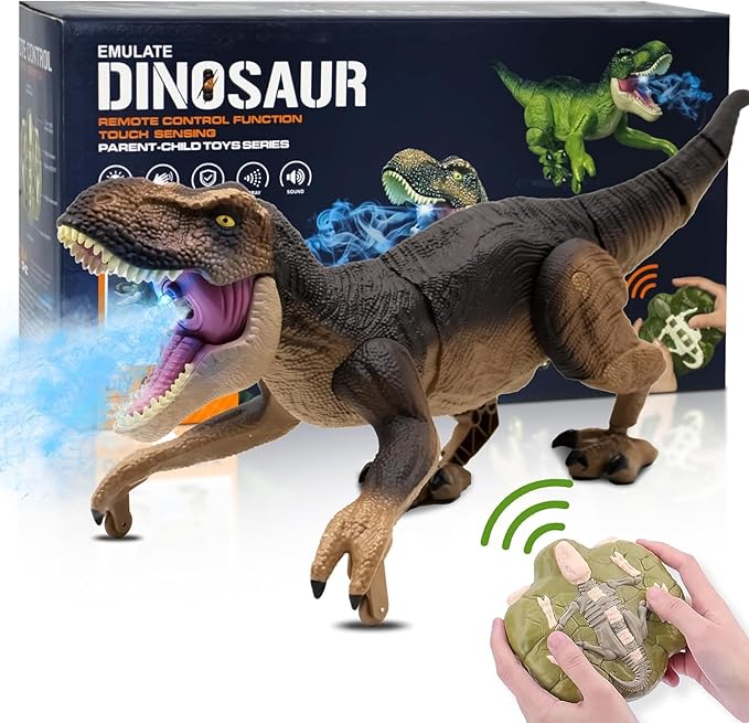 Remote Control Dinosaur Toys for Boys 3-5 4-7 8-12 Year Old - Realistic Big T-Rex Gift Ideas for Kids, RC Walking Dino with Roaring, Spray, Light, Touch Sensing (with Charger)