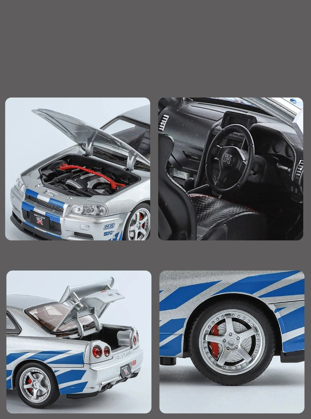 SKYLINE NISSAN GTR R34 1:24 DIECAST METAL TOY CAR (MULTICOLOUR:- WHITE, SILVER, BLUE, PURPLE )