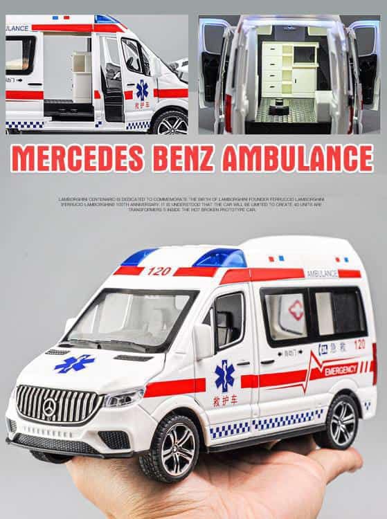 Mercedes Benz  Ambulance Van 1:24 Diecast Metal Toy Car for Kids Friction Powered Vehicle with Lights & Sound Kids Emergency Van City Service Push n Go Vehicles (Ambulance)