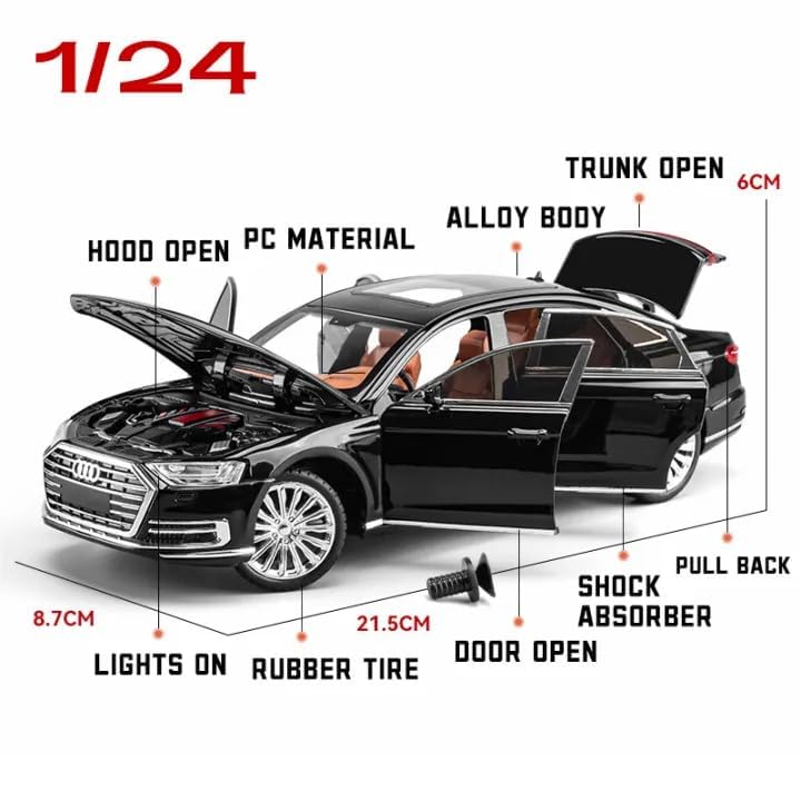 Audi A8 1:24 Diecast Metal Toy Car With Openable Door and Sound Light, Gifts Toys for Kids [SIZE:-22CM*9CM*7CM] (MULTICOLOR)