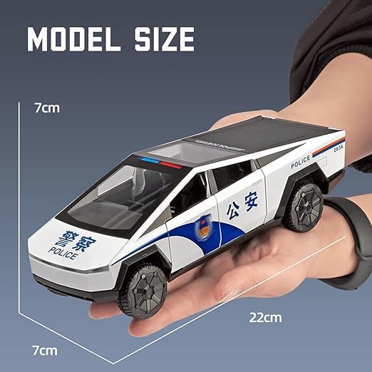 Tesla Cyber Police Truck 1:24 Diecast Metal Toy Car Scale Model with Sound Light Mini Auto Toy for Kids Metal Model Toy Car with Sound and Light 【 MULTICOLOR 】