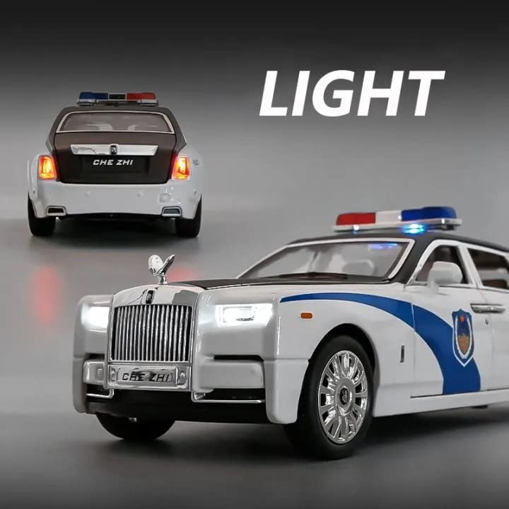 Rolls-Royce Phantom Police 1:24 Diecast Metal Toy Car Model Pull Back Alloy Toys With Light And Sound Collection (White, Black)[Size: 21Cm * 7.5Cm * 6.5Cm]