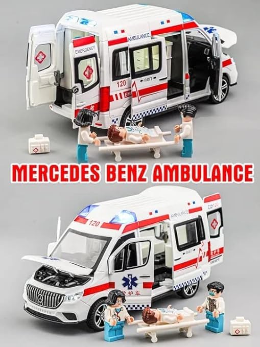 Mercedes Benz  Ambulance Van 1:24 Diecast Metal Toy Car for Kids Friction Powered Vehicle with Lights & Sound Kids Emergency Van City Service Push n Go Vehicles (Ambulance)