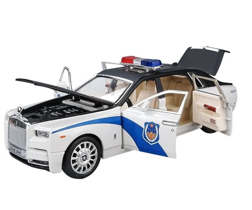 Rolls-Royce Phantom Police 1:24 Diecast Metal Toy Car Model Pull Back Alloy Toys With Light And Sound Collection (White, Black)[Size: 21Cm * 7.5Cm * 6.5Cm]